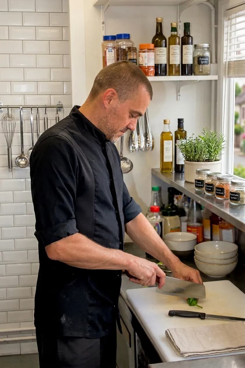 Jeremy, le chef de L'Azéa, en veste noire, préparant des herbes fraîches en cuisine