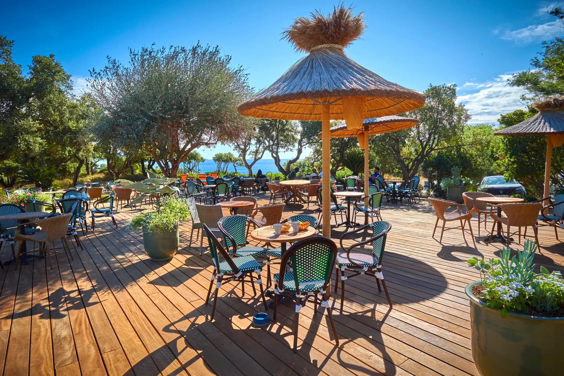Vue large de la terrasse en bois avec ses parasols de paille et la mer à l'horizon